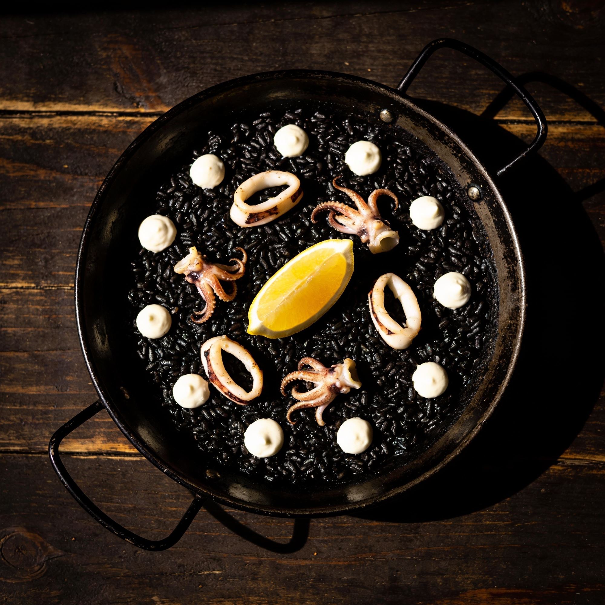 Arroz negro — black squid-ink rice with allioli