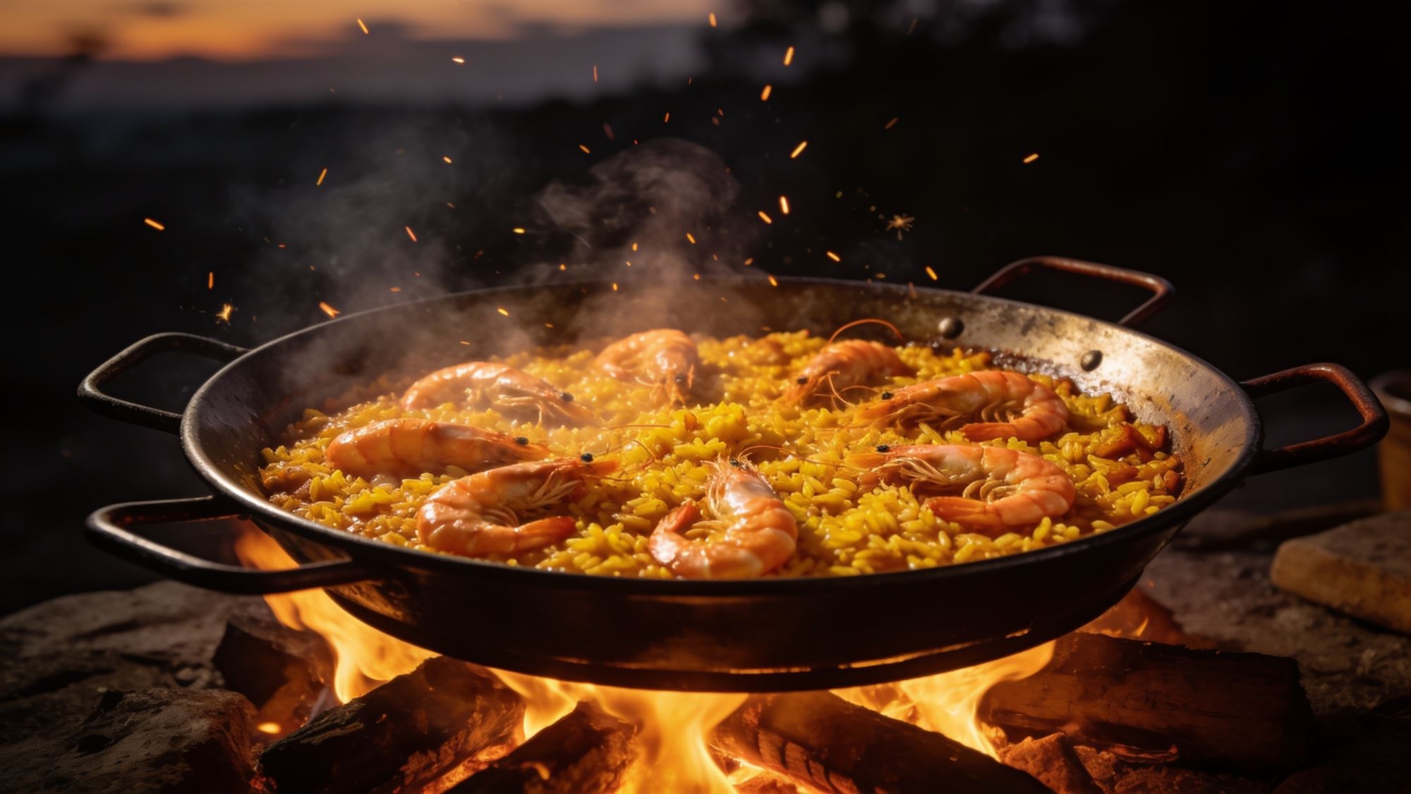 Paella pan over an open flame, steam rising