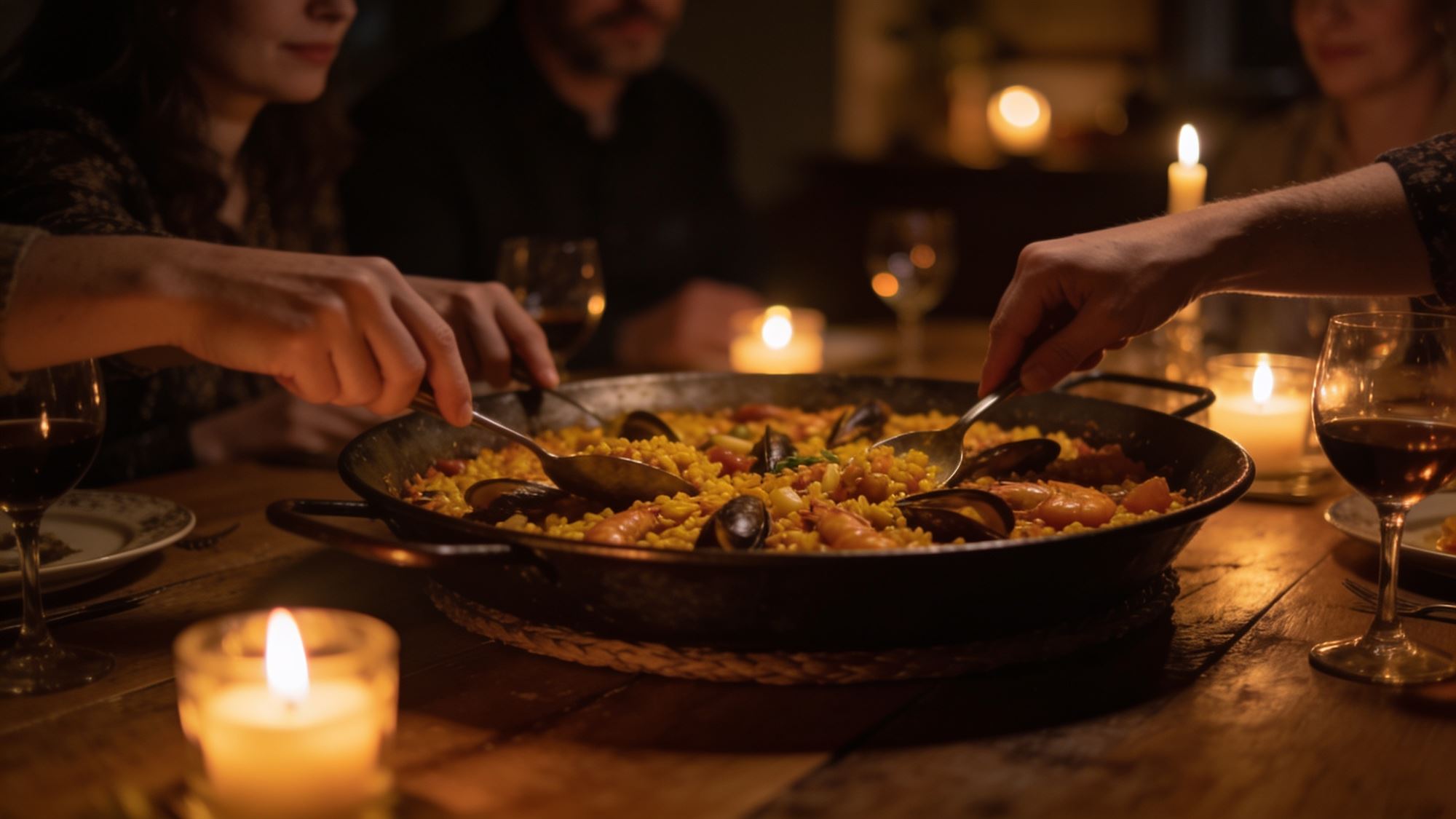 Guests serving themselves from a paella pan in the middle of the table, warm candlelight