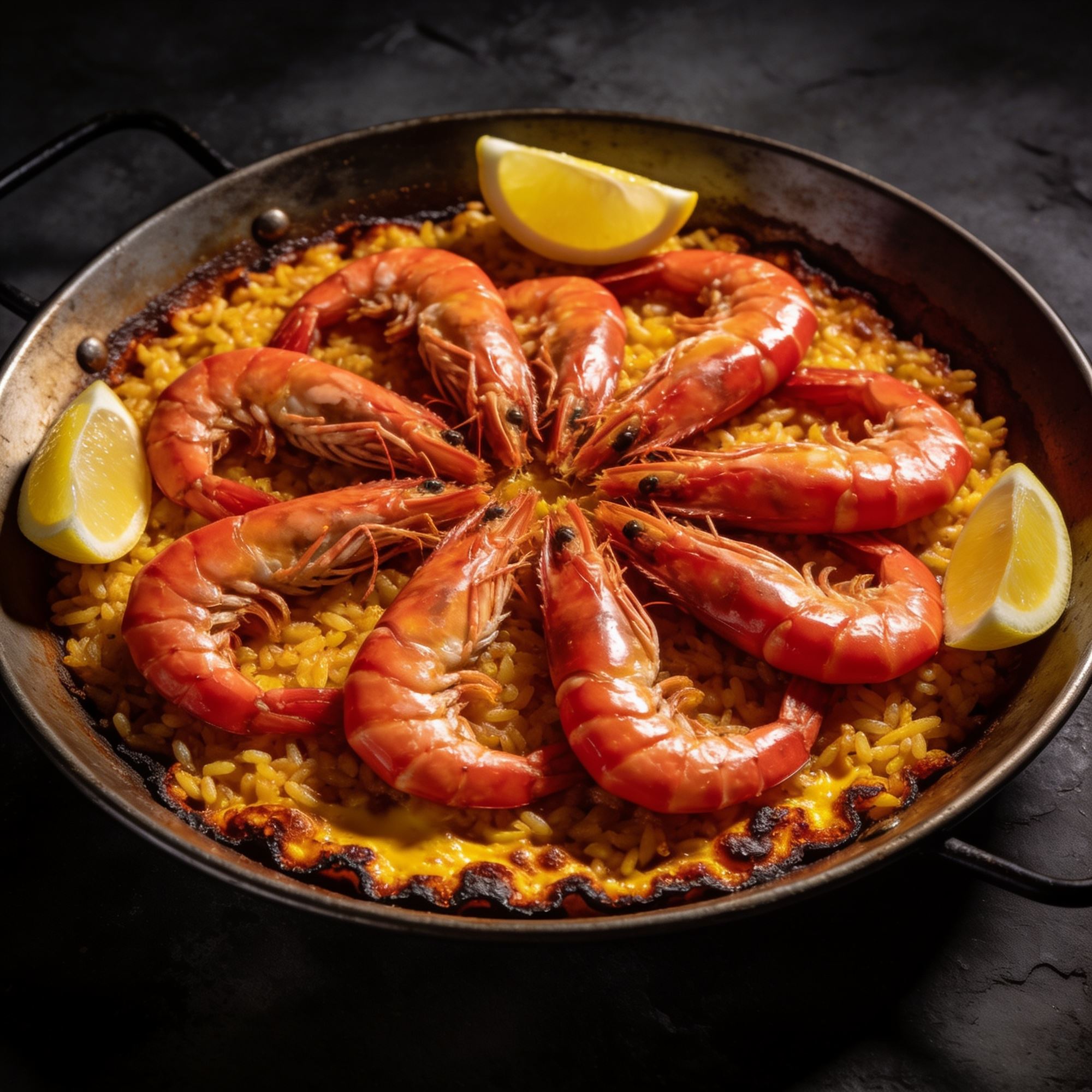 Paella with prawns and lemon wedges