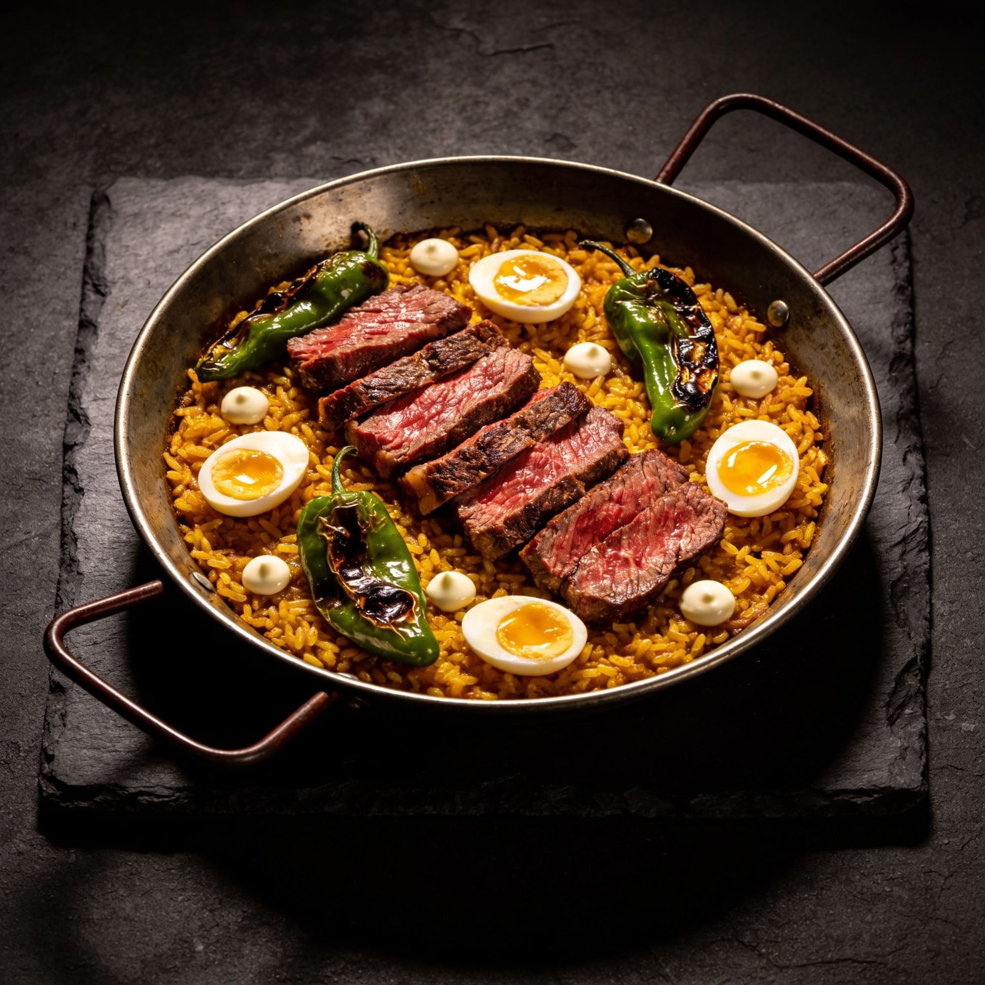 Paella with sliced steak, padrón peppers and quail eggs